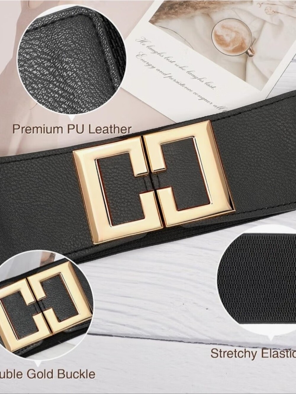 Trendy Gold Buckle Black Elastic Waist Belt